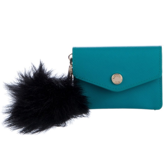 Michael Kors Blue Coated Canvas Pouch with Poof Ball Furry Keychain Bag Charm - Picture 1 of 11